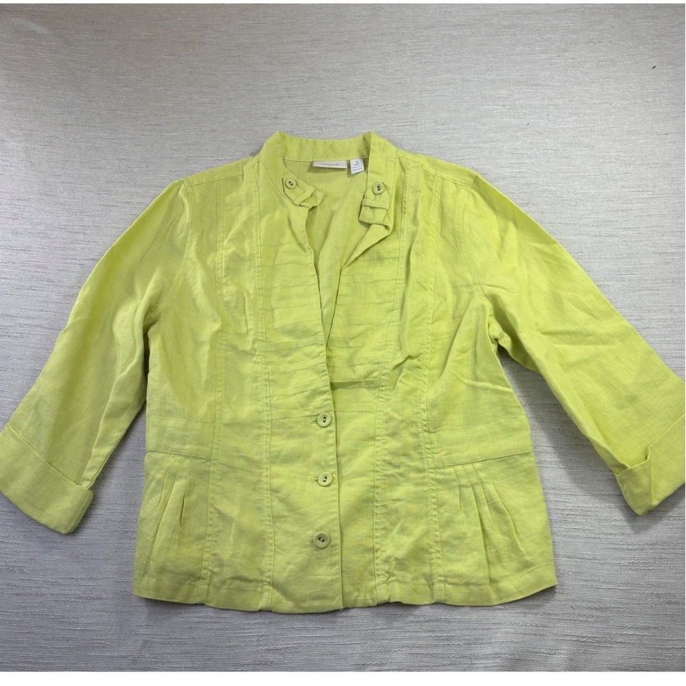 Chicos Linen Jacket Chartreuse Green 3/4 Sleeve Pleated Button Front Size 3 XL‎